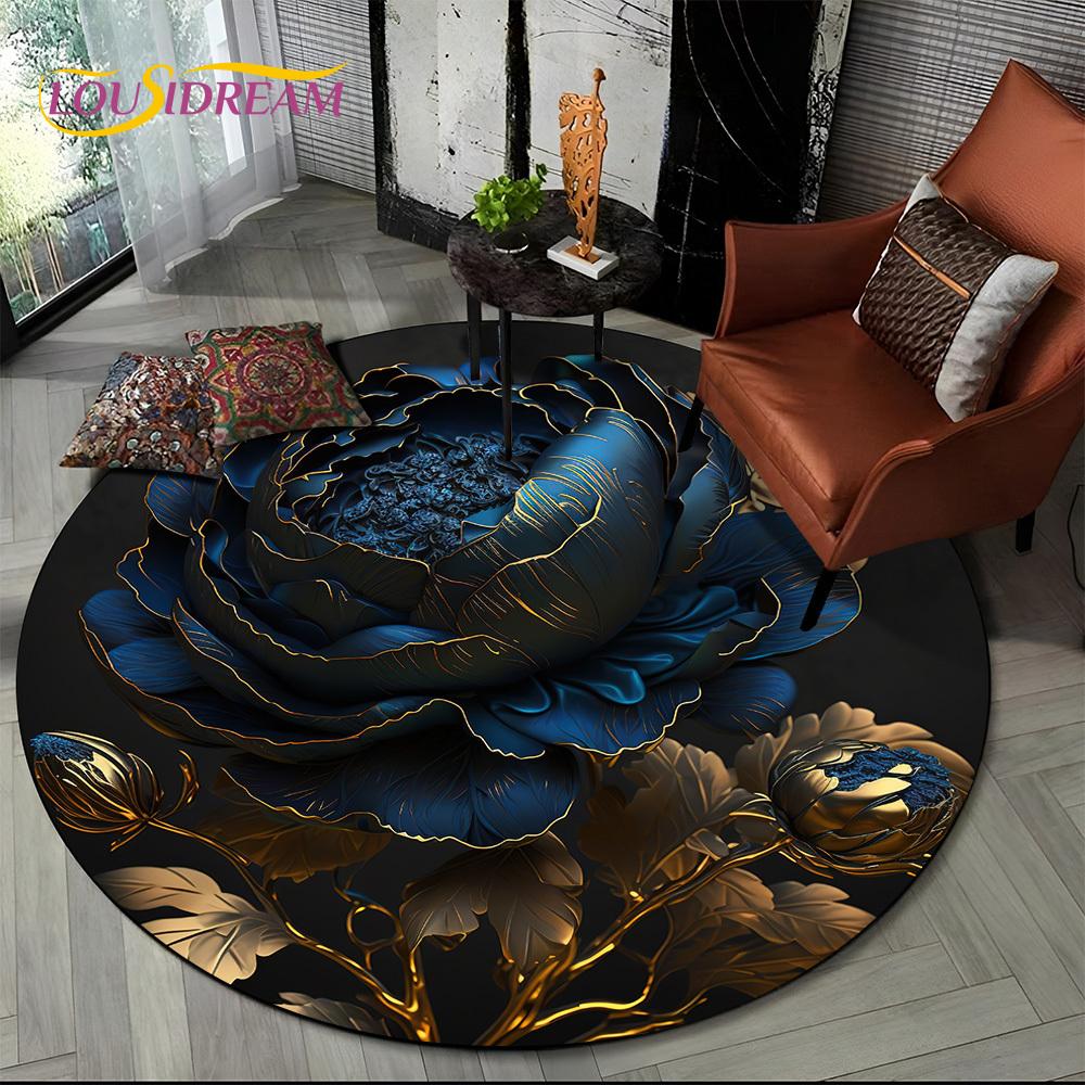 Luxuriöser Sonnenblumen 3D Rosen Nordische Gänseblümchen Runder Teppich Teppich für Wohnzimmer Schlafzimmer Sofa Dekor, Kinderbereich Teppich Rutschfeste Bodenmatte Geschenk