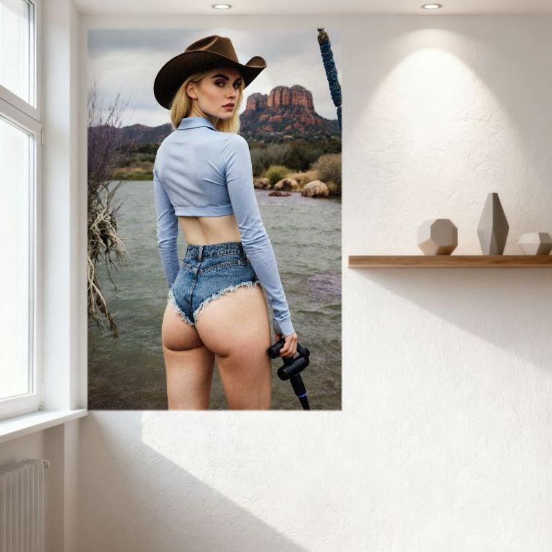 Sexy Woman in Brown Cowboy Hat Outdoor Near Water Rugged Red Rock Tin Sign Vintage Metal Poster for Home Bar Cafe Wall Decor