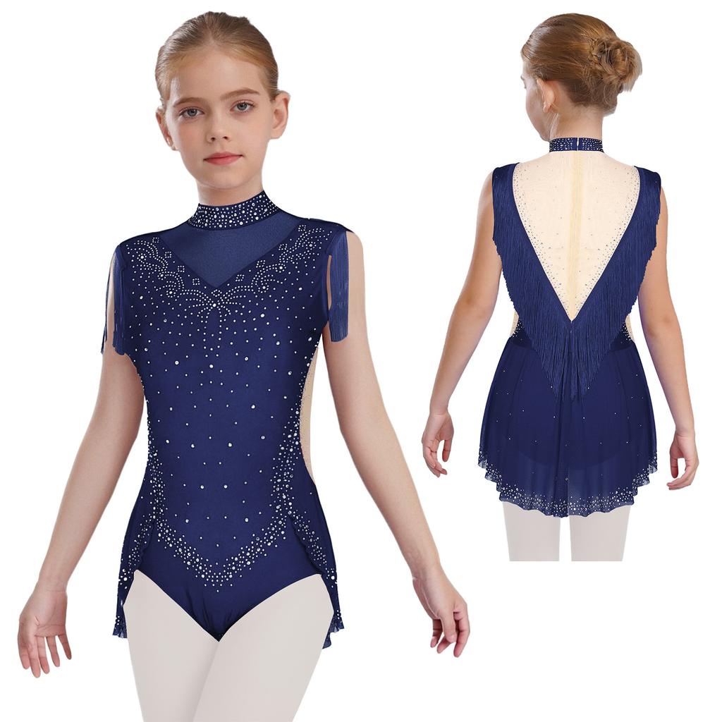 Girls Dance Costume - Shiny Rhinestone Leotard with Sheer Mesh, Invisible Back Zipper & Attached Tassel Skirt