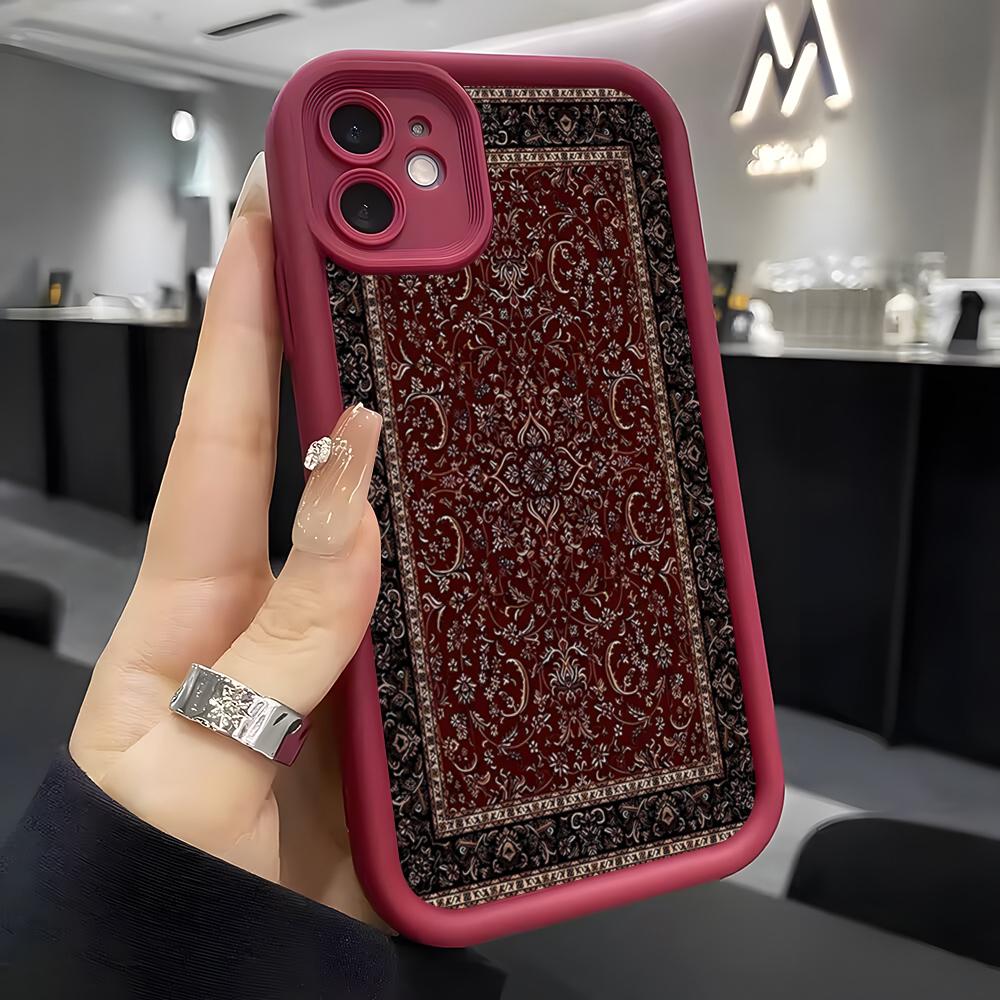 Arabic Carpet Pattern Phone Case For IPhone Air 17 Pro Max 16 E 15 14 Pro Max 13 12 11 Mini Plus Soft Silicone Wine Red Cover
