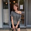 Retro Farbblockstreifen Schulterfreies Kurzarm-T-Shirt für Damen im Sommer, locker und figurbetont, Hot-Girl-Schulterfreies-Top