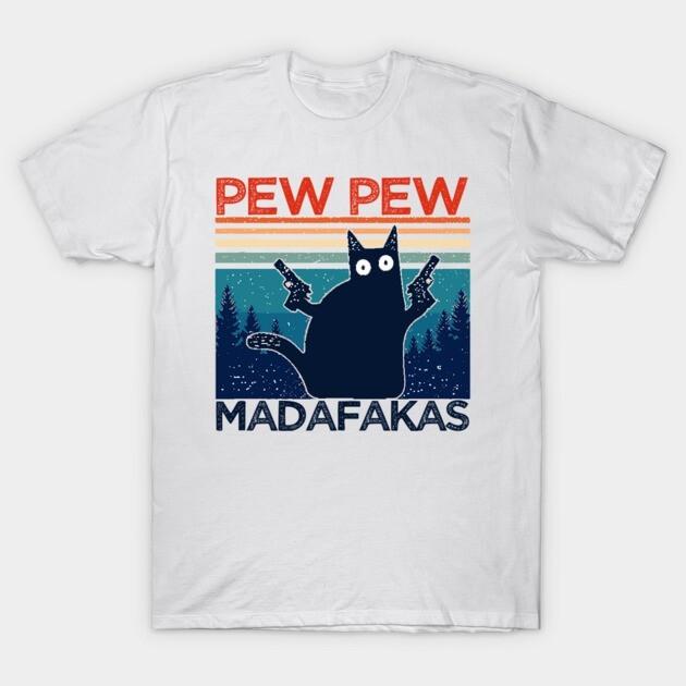 """Pew Pew Cat" Lustiges Cartoon Unisex Vintage Grafik Baumwolle Rundhals T-Shirt"""