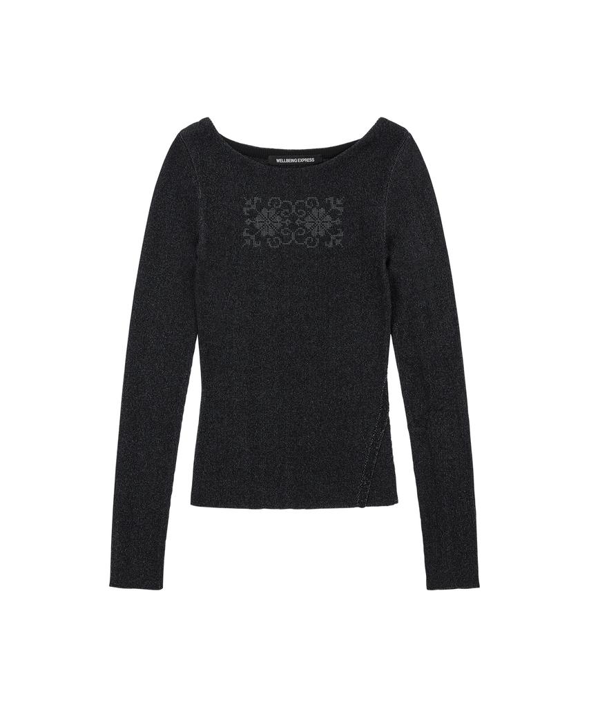 WELLBEING EXPRESS Embroidered Slit Knit Top Black