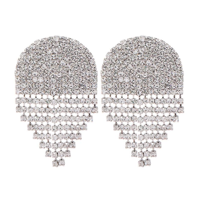 S925 silver needle fashion temperament full diamond fringed stud earrings female personality exaggerated long earrings banquet earrings