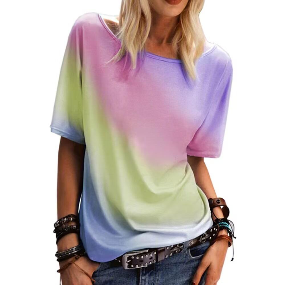 Summer Lady CLothes Crew Neck Short Sleeve Gradient Tie Dye Print T Shirt Women s Outfits Casual Streetwear Daily Wear Gradient M