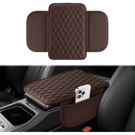 Amiss Car Center Console cover,Upgraded Leather Car Armrest pad,Belt 2 A Storage pocket,Universal Waterproof pad,Anti-slip Car Interior