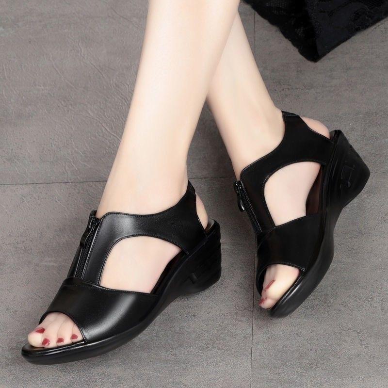 Women's Sandals Soft Leather Wedge Flat Shoes 2025 Summer New Fish Mouth Slope Heel Sandals Comfortable Soft Bottom Shoes