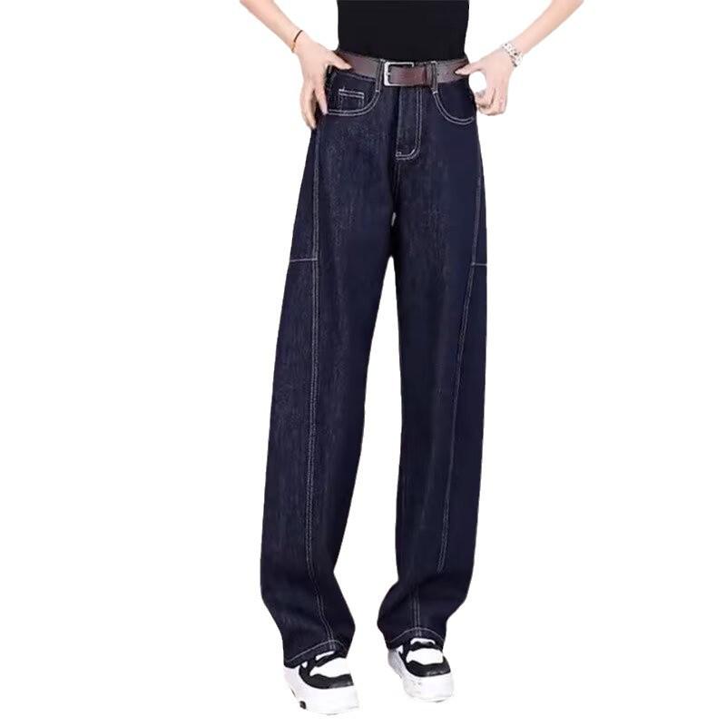 2024 Autumn/Winter Plus Size Slimming Crescent Cut Straight-Leg Jeans - Luxury Floor-Length for Women