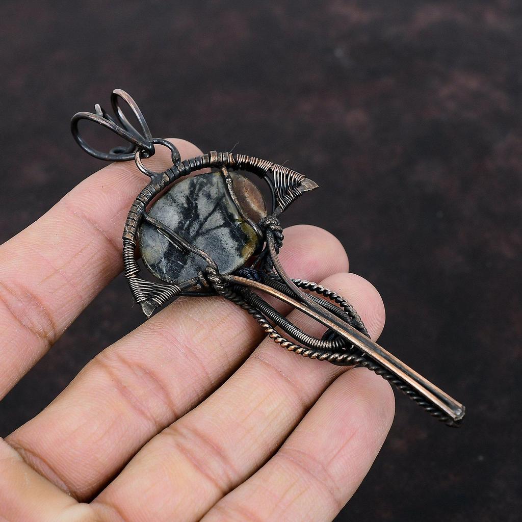 Pandantiv Jasp Picasso, Pandantiv Înfășurat în Sârmă de Cupru, Bijuterii Boho Handmade, Pandantiv cu Piatră Prețioasă Foarte Frumos, Bijuterii Uimitoare din Cupru, Cadou Pentru Mamă