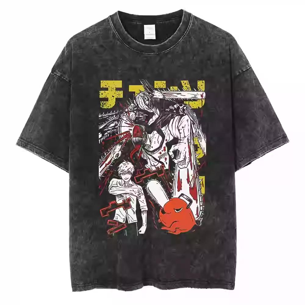 Anime Chainsaw Man Tshirt Denji Power Makima Aki Graphic T Shirt Mens Clothing Short Sleeve Tee Cotton Washed Oversized Tshirt