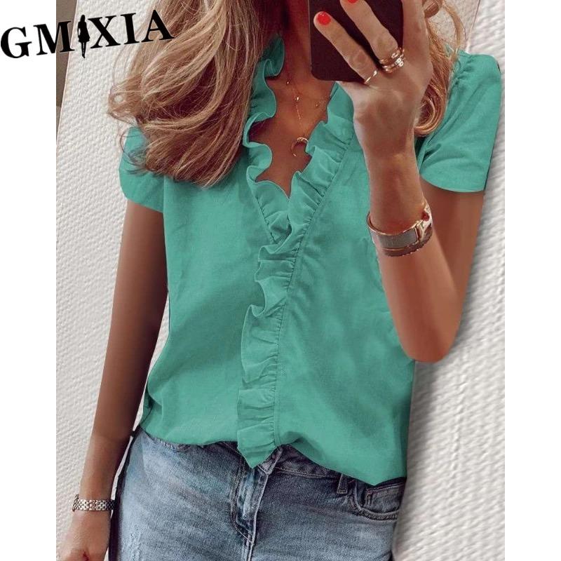 GMXIA Damenmode Lässig Freizeit Einfarbig Print Kurzarm V-Ausschnitt Blusen & Hemden