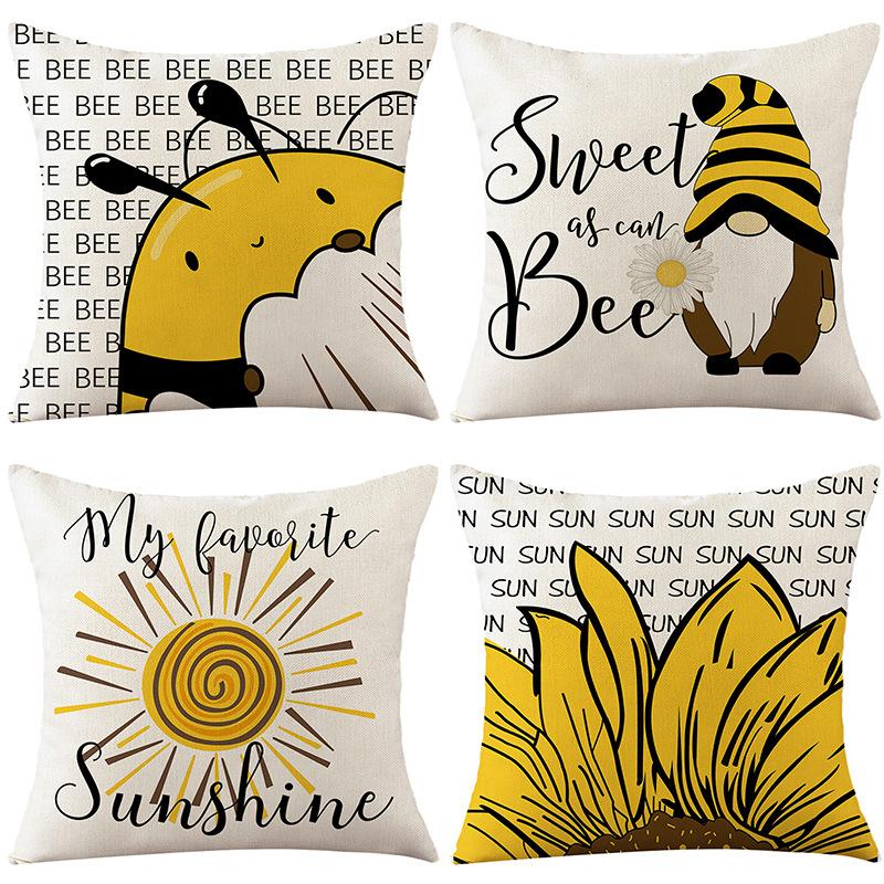 Sunflower Pillow Cover Cartoon Bee Print Polyester Home Cushion Cover Nordic Sofa Cushion Cover