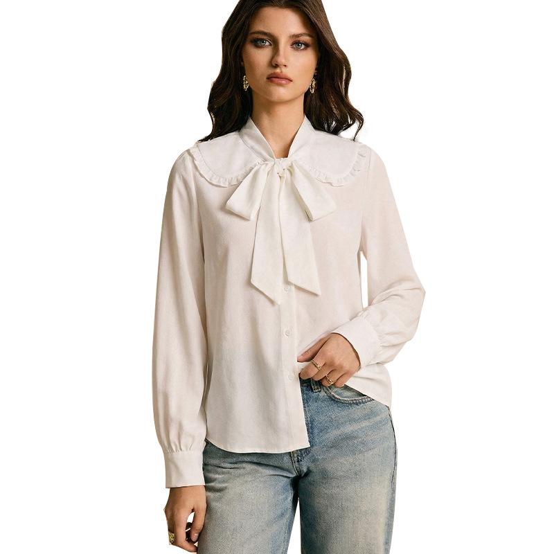 Women s Ruffled Peter Pan Collar Bow Tie Blouse Long Sleeve Solid Color Elegant Shirt S белый