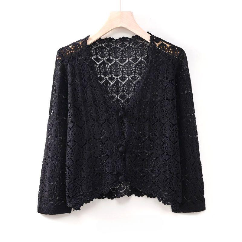 Summer Women's Cut-out Knit Sweater Thin Short Three-quarter Sleeve Sunscreen Cardigan