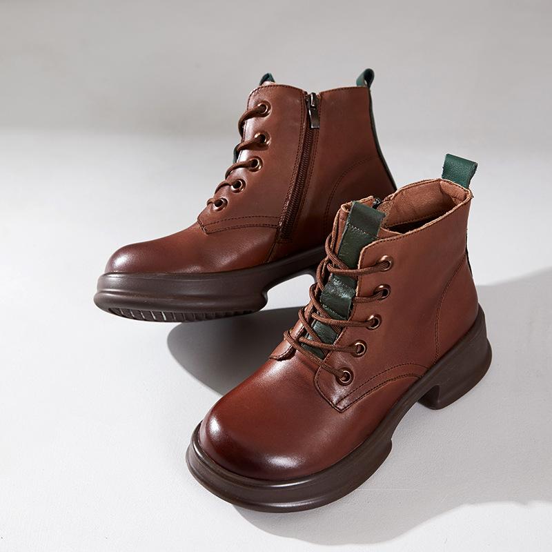 The First Layer of Cowhide Short Boots for Women In the Autumn and Winter of 2025, the New Velvet Thick-soled Casual Leather British Martin Boots F