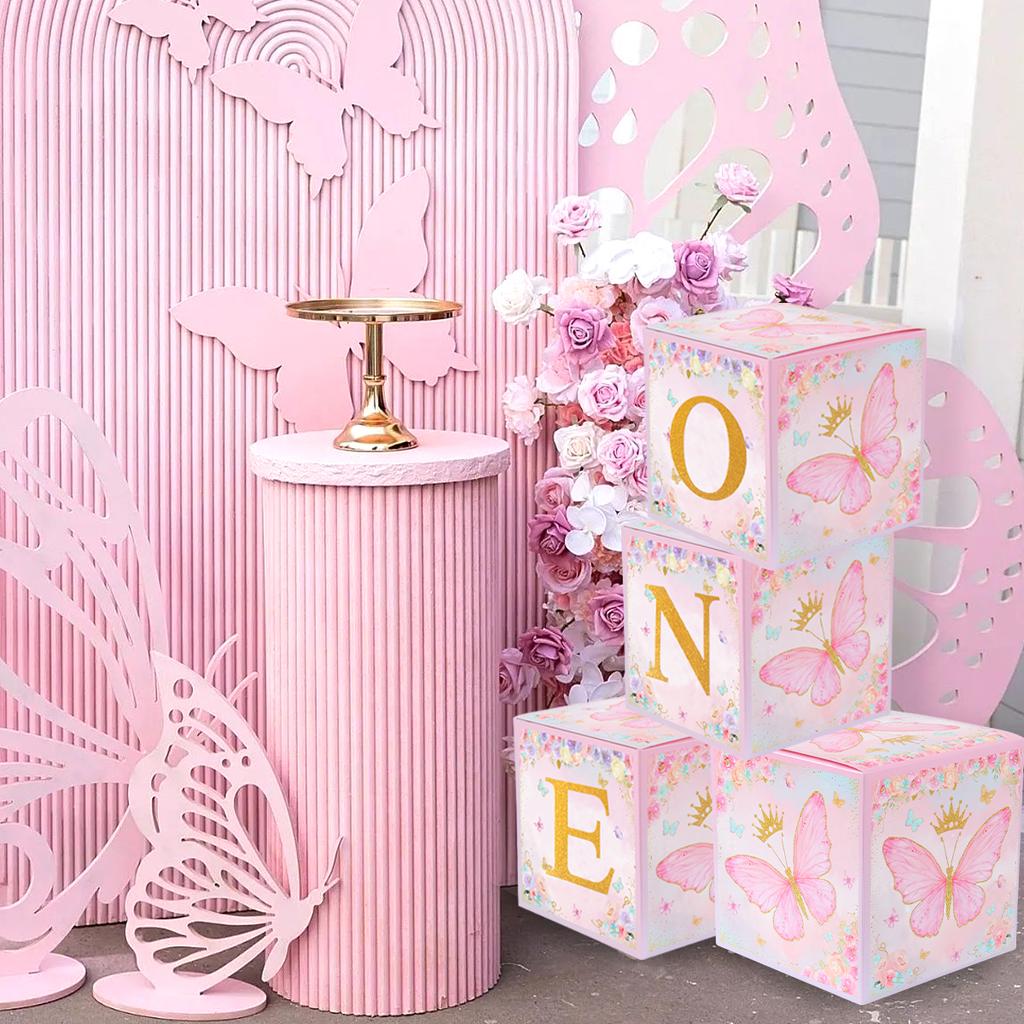 4pcs Baby Shower Boxes Pink Butterfly Balloon Boxes with Printed BABY Letters Blocks Boy Girl Gender Reveal Birthday Favor