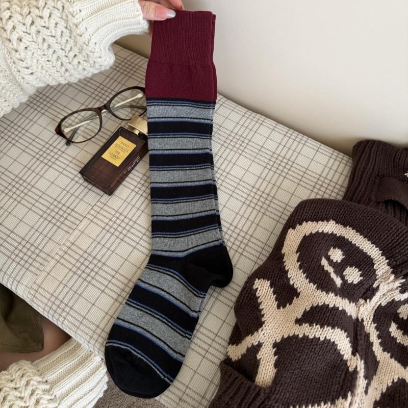 Color-block socks for women, autumn/winter vintage color-blocked striped calf socks, INS trendy Melard long leg cuff socks
