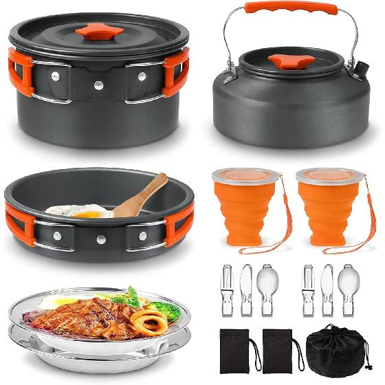 Camping Cooking Set Camping Cookware Outdoor Aluminum Mess Kit with Frying Pan, Pot with Lid, 1.2L Kettle Set and 2 Stainless Steel Plate, 2 Folding