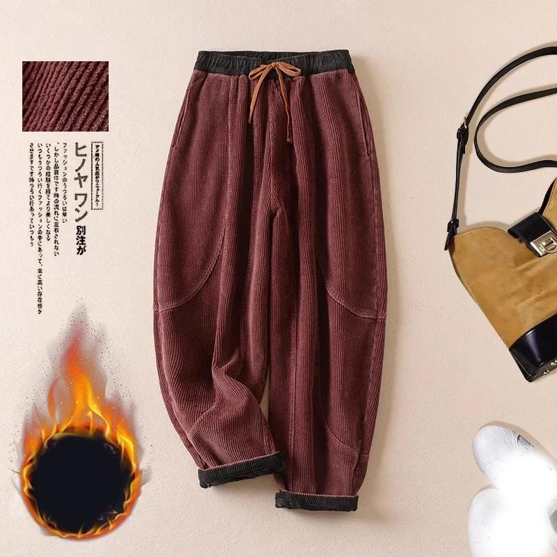 Retro Kord Samt Verdickt Fleece Damen Freizeithose Harlan Herbst Winter Locker Schlankmachend Künstlerisch Lässig Warme Hose