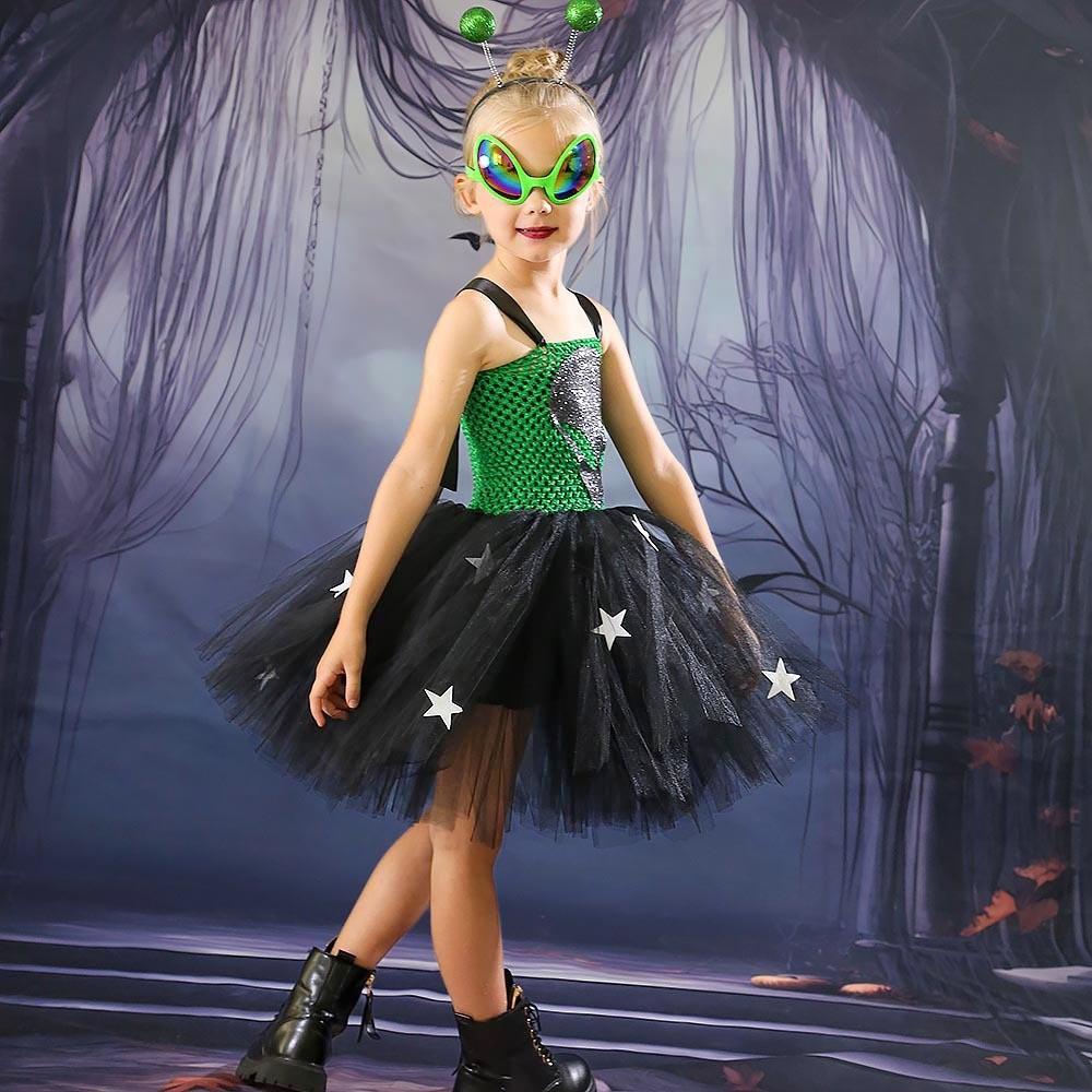 Crianças Meninas Alien Palhaço Circo Vestido Tutu de Malha Conjunto de Adereços de Cabeça Crianças Halloween Fantasias Cosplay Criança Faz de Conta Princesa Festa Role Play Roupa
