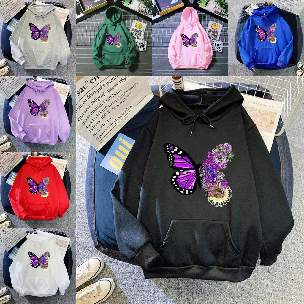 Sweat à capuche décontracté pour femme pour le printemps avec motif papillon imprimé et cordon de serrage