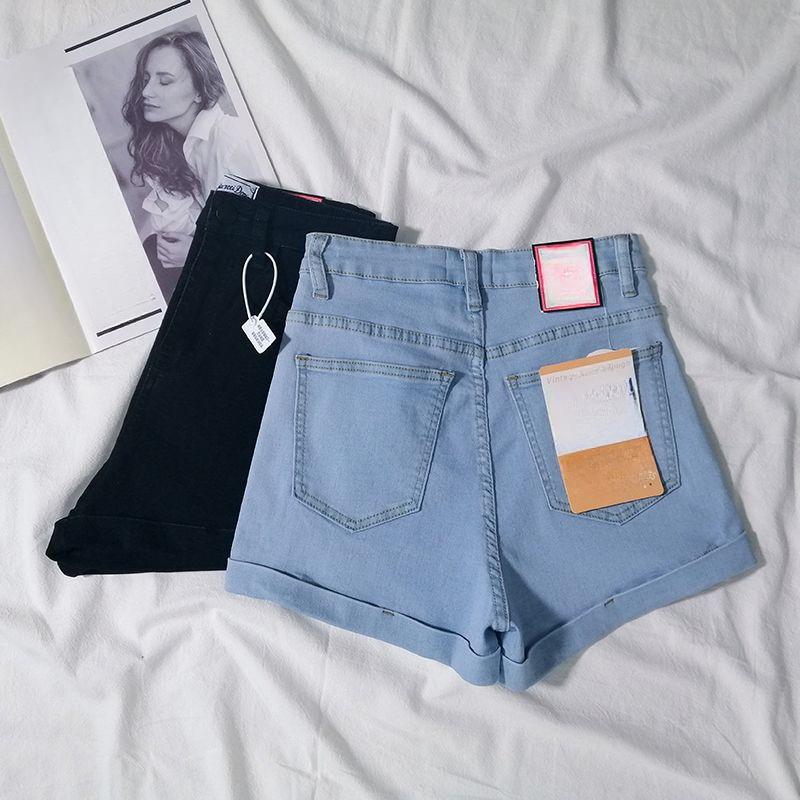 Summer High Waist Stretchy Denim Shorts Pants Women Fashion Light Color Tight Fit Rolled Hem