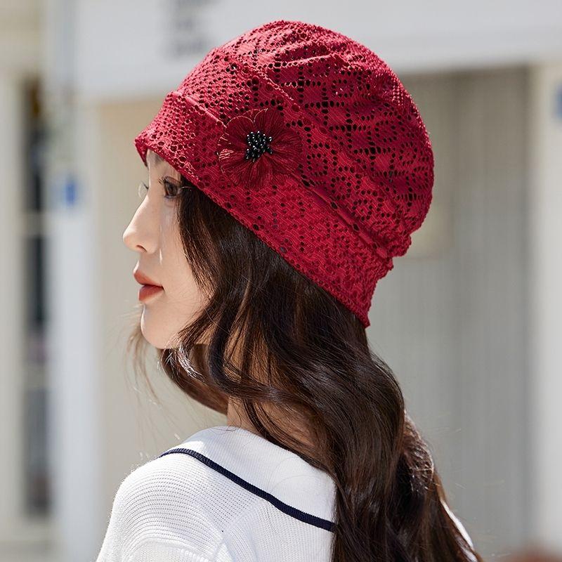 Sommer Hohl Turban Atmungsaktiv Spitze Dünn Mode Zum Überziehen Hut Damen Blume Einlagig Netz Koreanischer Stil