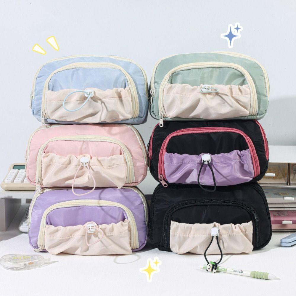 Fashion Zipper Pen Bag Large Capacity Drawstring Pencil Case Five-Layer Stationery Organizer Student