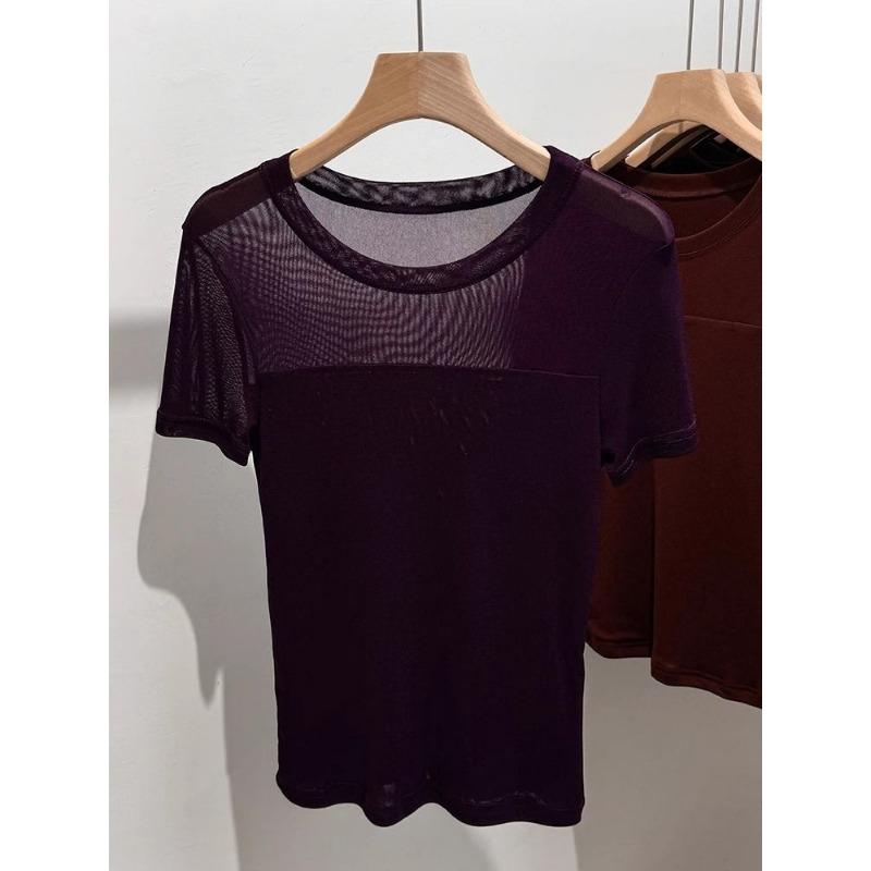 Damen Transparentes Netz-Kurzarm-T-Shirt Schmale Passform Rundhalsausschnitt Halbtransparentes Basic-T-Shirt Top