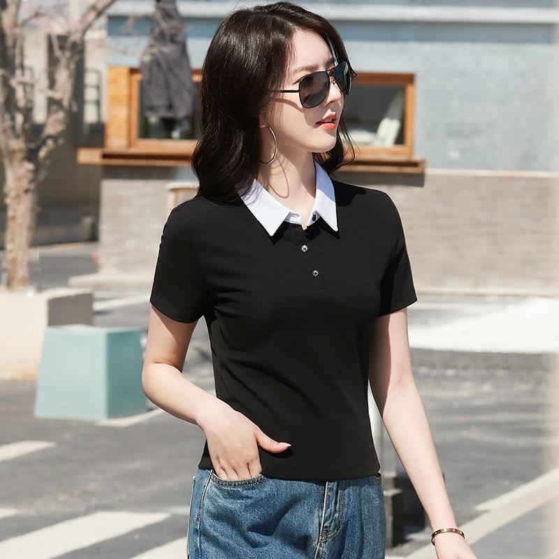 Women's Spring and Summer Cotton T-shirt Polo Lapel Shirt High Waist Short Slim Slim Stretch Cotton Top Trendy Women's Clothes