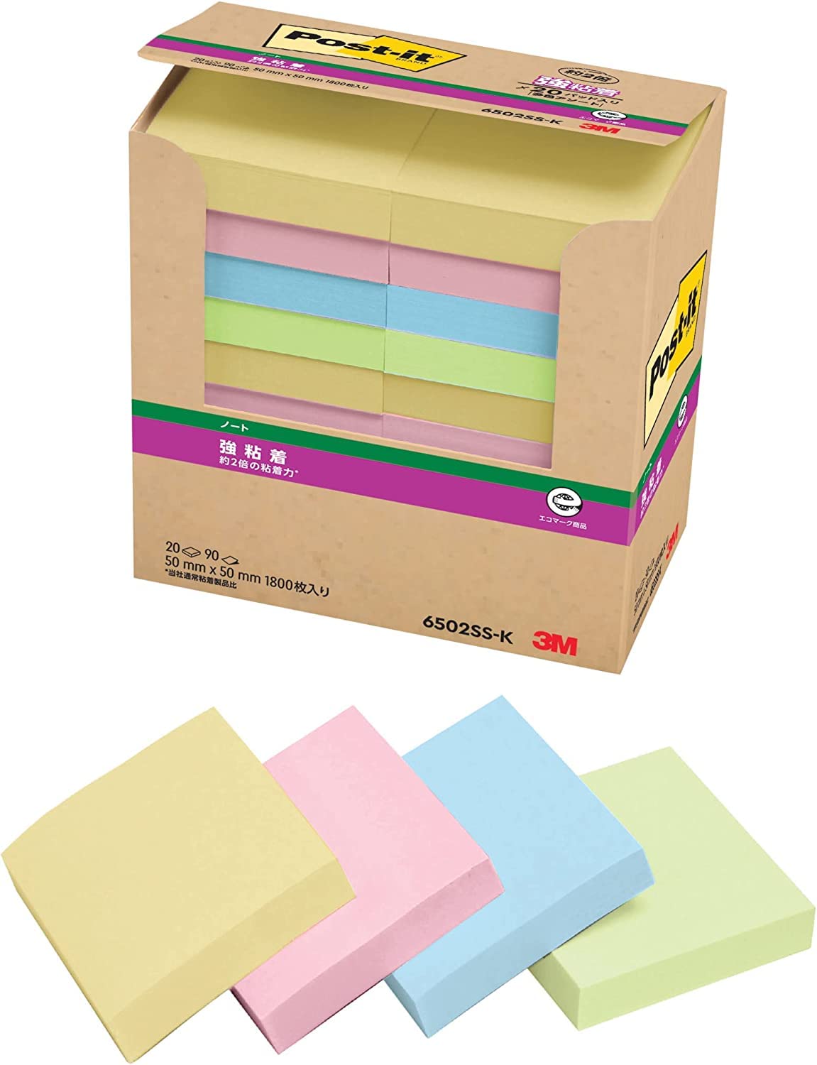 

Заметки с сильным клеем пастельные цвета 50 x 50 мм 90 листов x 20 книг Post-It 6502SS-K