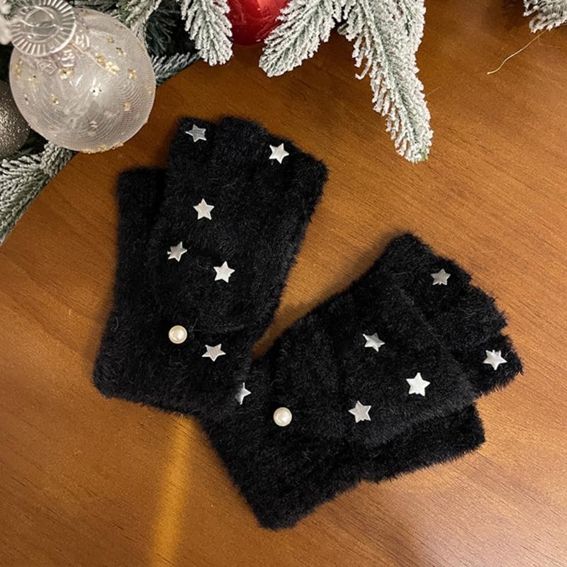 Half Finger Screentouch Gloves with Star Decors Soft Rex Rabbit Furs Short Gloves for Students Girl Winter Daily Wear