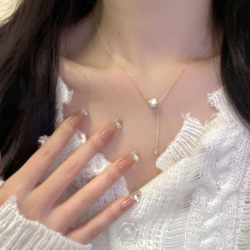 ANENJERY Round Bead Imitation Opal Short Chain Necklace Female Personality Simple Collarbone Chain Party Jewelry