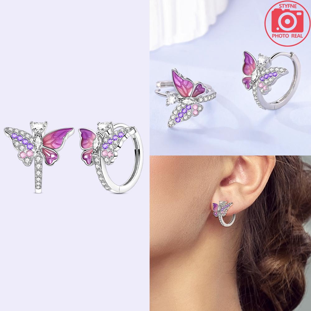 

925 Silver Earrings Pink Ballet Purple Zircon Butterfly Women Fine Hoop Earrings Girlfriend Engagement Gift