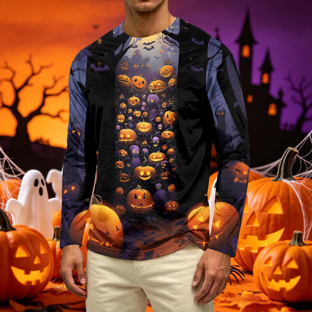 Men's Casual Long Sleeve Crew Neck T-Shirt with All Over Ghost Print Lightweight Comfortable Fit for Everyday Wear