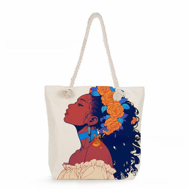 Multifunctional Rose Girl Printed Thick Rope Shoulder Beach Bag Casual Large Capacity Handbag 0247