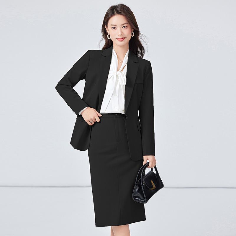 Women's Formal Mid-Length Suit Set: Black/Navy Blue Blazer for Autumn Business, Interview & Professional Wear