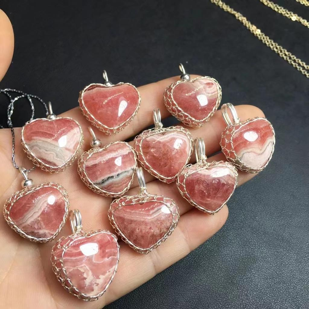 Healing Crystal Stones Fashion Jewelry Rhodochrosite Hand Wrapped Heart Pendant Necklace