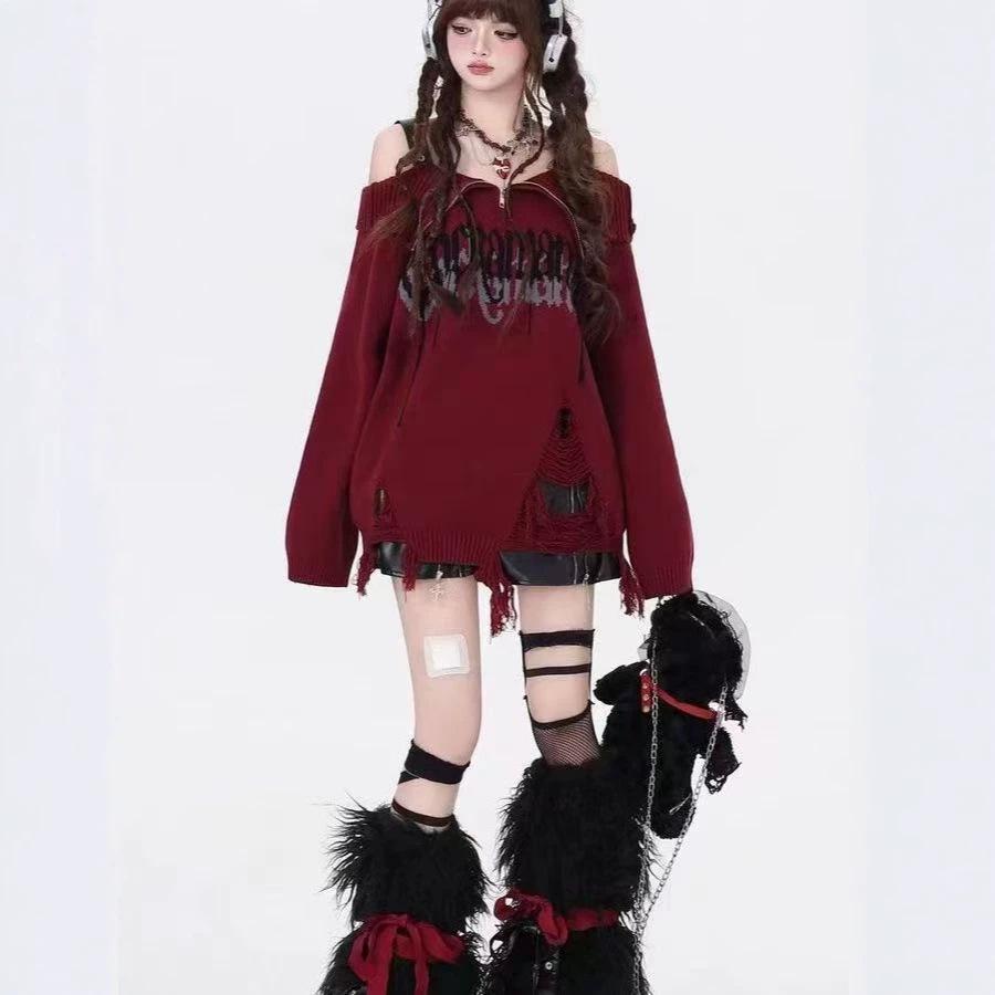 Korean Style Off-Shoulder Punk Sweater with Turn-Down Collar - Women's Autumn/Winter Ripped Knitted Top