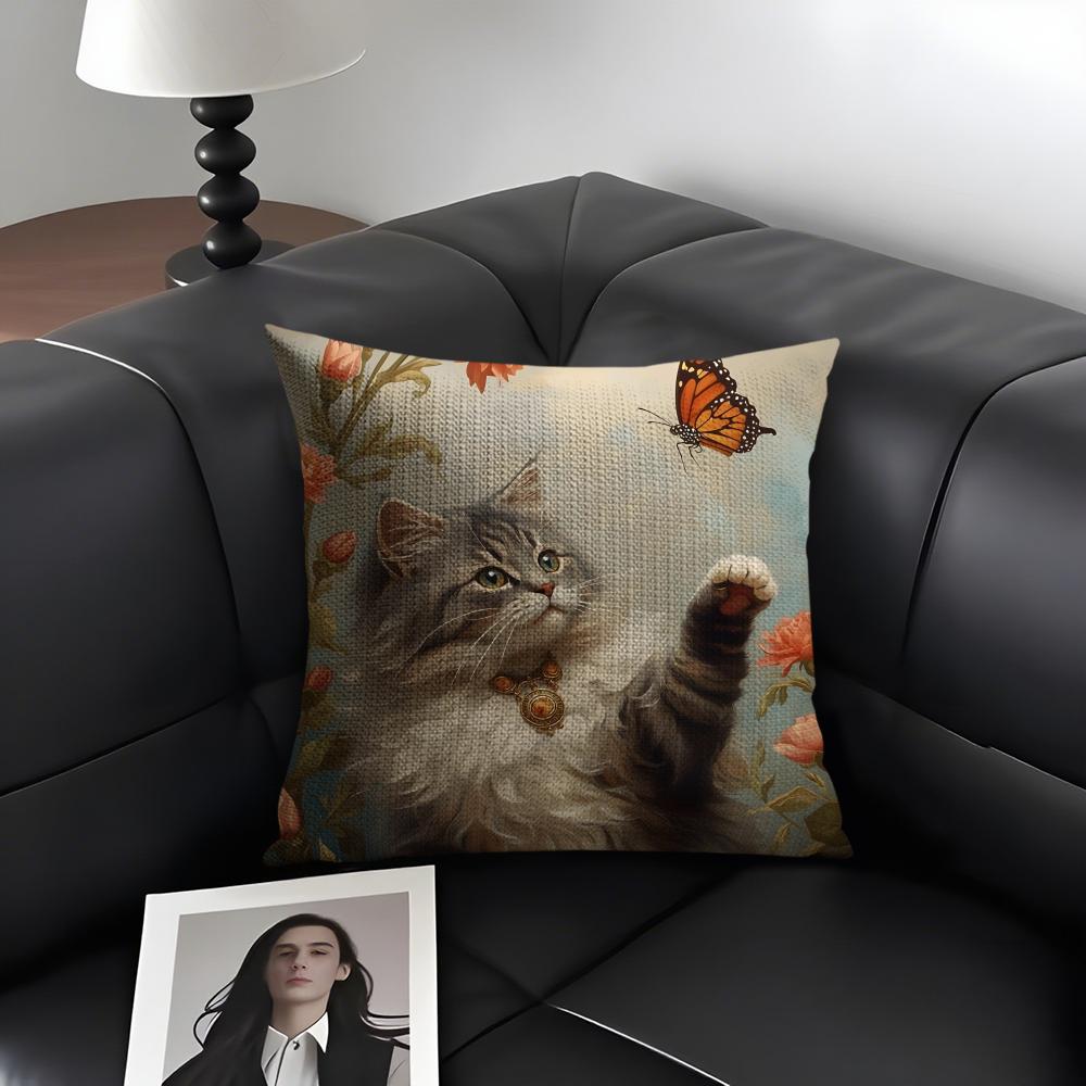Cat And Flower Fashion Cushion Cover Natural Linen Organic Fabric DoubleSided Printing Sofa Home Decor Gift Pillow Case