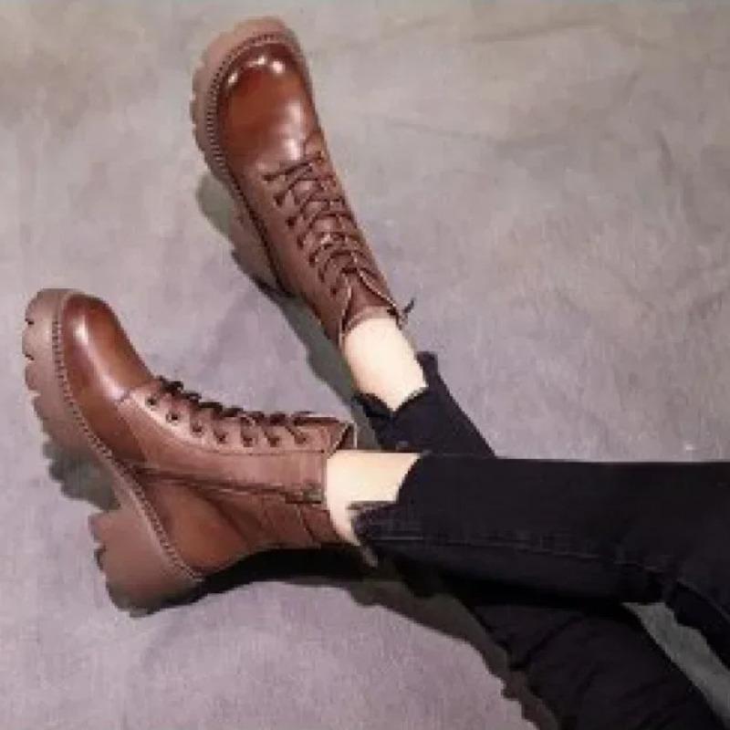 Trend Women Shoes Autumn Non-slip Leather Boots Zip Round Toe Shoes for Women Concise Leisure Sewing Platform Boots Botas Mujer