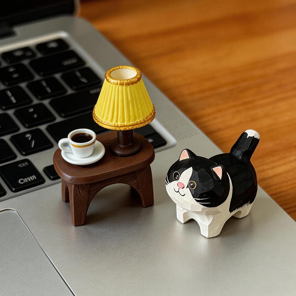 Cute Cat Animals Figurine Decorative Wooden Ornament Miniature Kitten Coffee Home Bedroom Office Desk Decoration Gift Statue