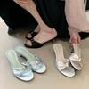 Fashion Elegant Silk Kitten Heel Slippers Women Fashion Square Toe Metal Buckle Slide Sandal Luxury Brand Designer Dress Sandalias Mujer