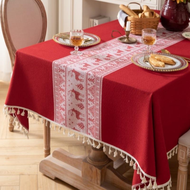 Christmas Deer Tablecloth Cotton And Linen Art Table Cloth Light Luxury High-End Rectangular Tablecloth Fringed Cover Towel