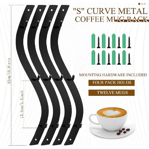Sosation 4 Pack Coffee Mug Wall Rack Mounted with 12 Hooks S Curve Metal Coffee Cup Rack Wall Hanging Holder for Bar Kitchen Corner Station Decor