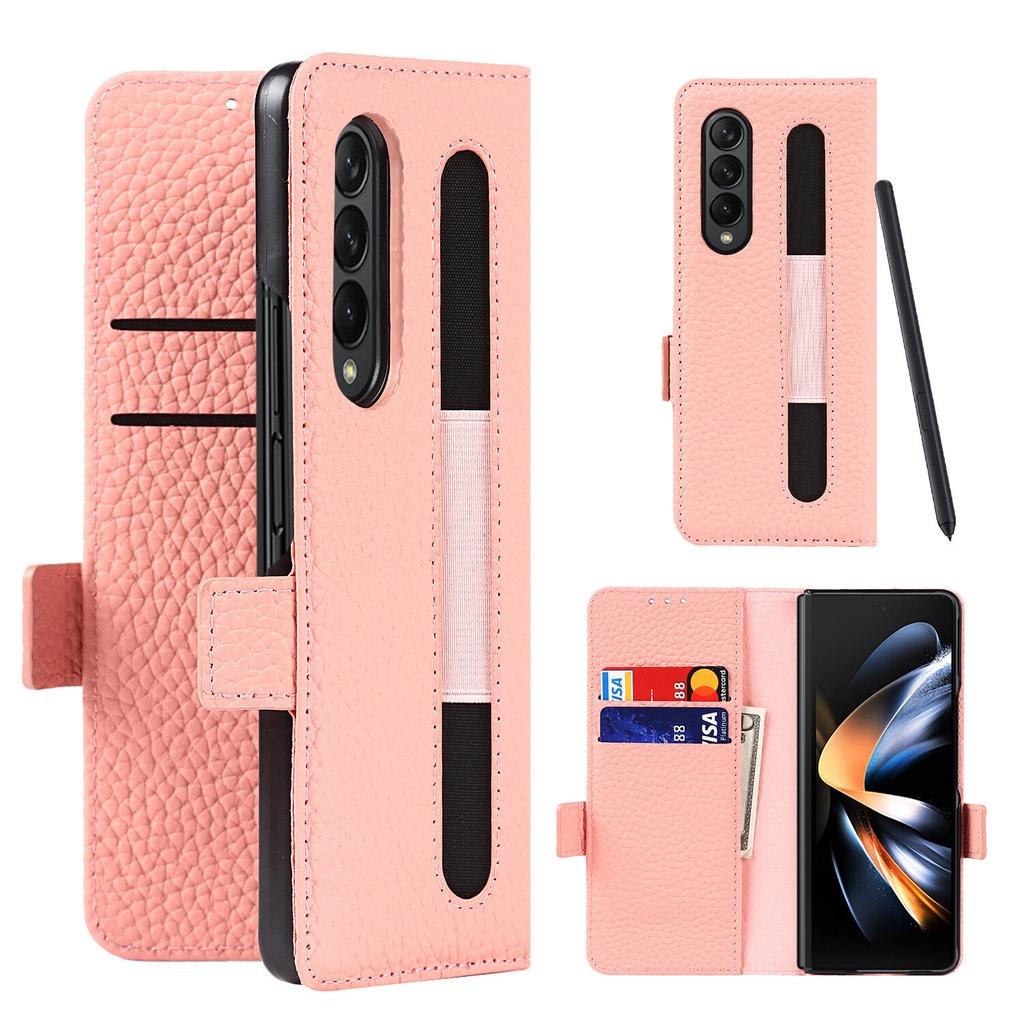 

Premium Genuine Leather Cover For Samsung Galaxy Z Fold 5 Fold 4 Fold3 5G Kickstand Wallet Case with S Pen Holder+Card Slots Fold3 розовый