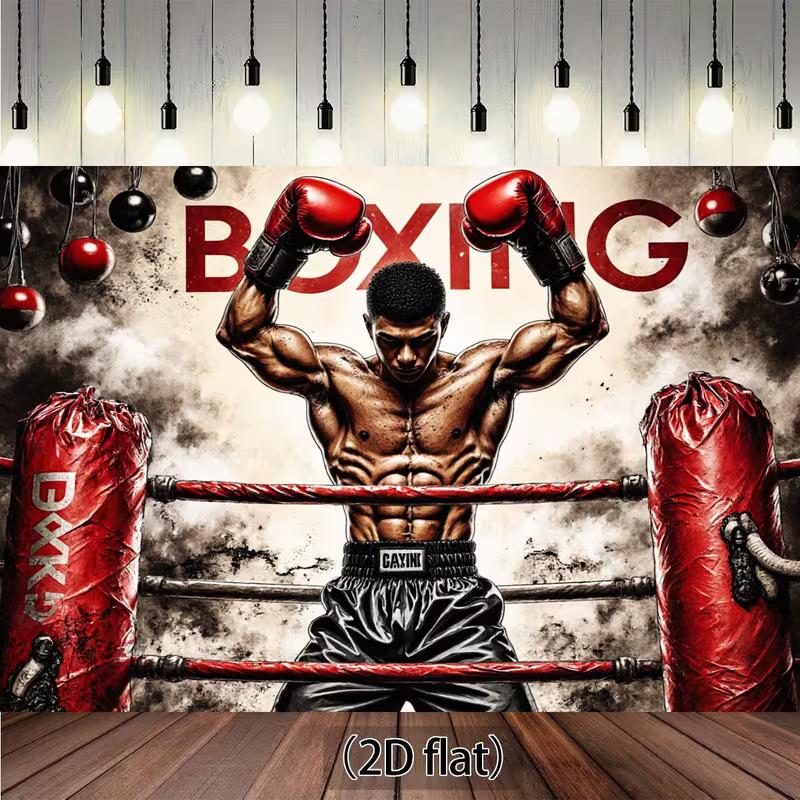 2D Boxing Gym Banner, Red Boxing Gloves & Ring Party Background 47.2x31.5inch/120*80cm