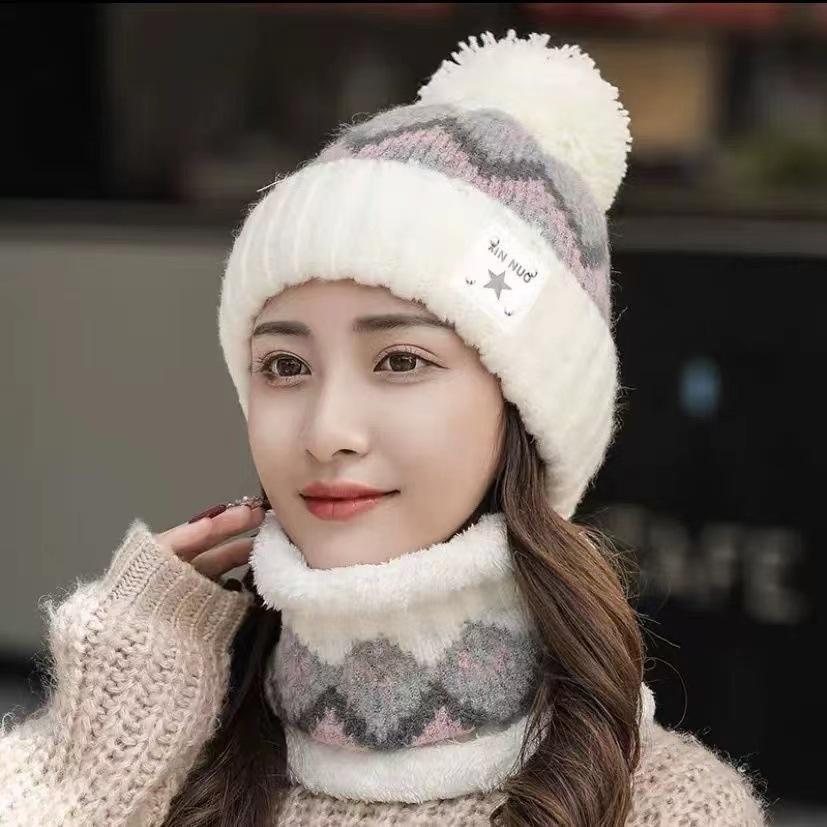 New winter velvet thickened wool hat women's warm scarf knitted hat windproof and cold-proof pullover hat