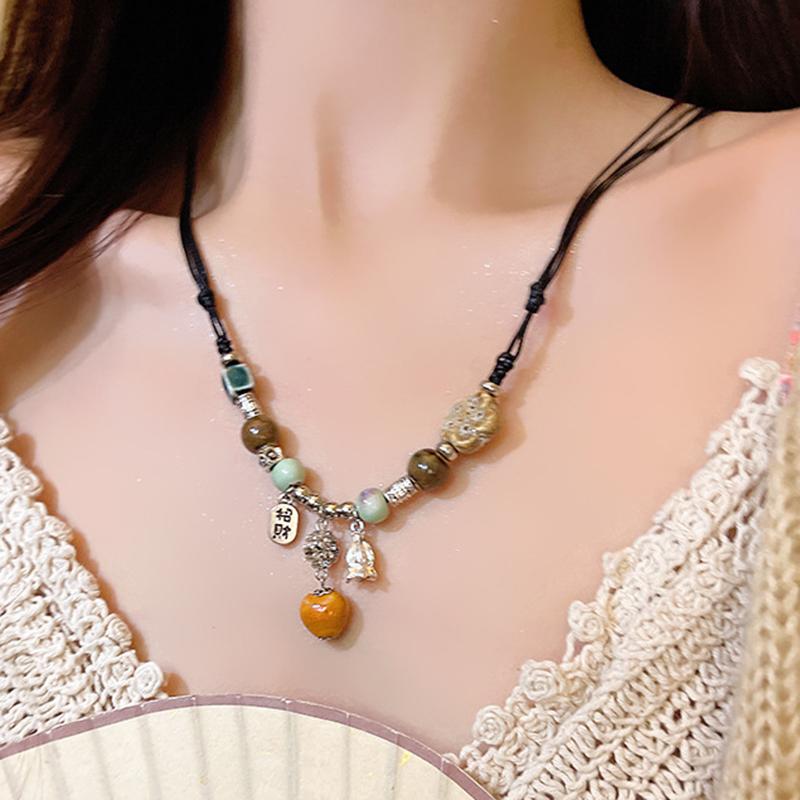 

Fashion Ethnic Jewelry Traditional Handmade Ornaments Weave Wax Rope Ceramics Necklace Ceramics Beads Pendant Long Necklace