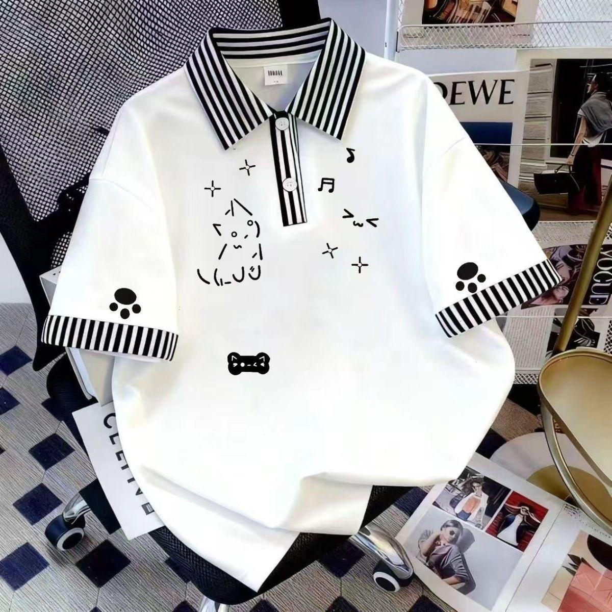 Summer Striped Spliced Polo Shirt Short-sleeved Men s Loose Fake Two-piece Top Trendy Versatile T-shirt Handsome Trendy Cartoon Cat Print Polo Shirt M